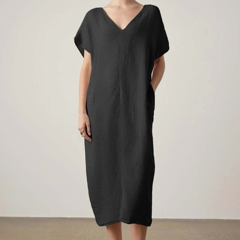 Flax Black V-Neck Linen Caftan Dress